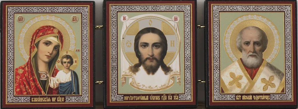 Wooden folding icons 7×18 three-leaf, double embossing Saviour-Kazan Mother of God-Nicholas the Wonderworker 31