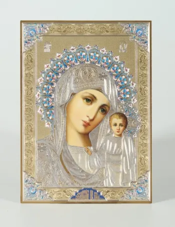 Icon on wooden panel 13×18 blind embossing Kazan Mother of God