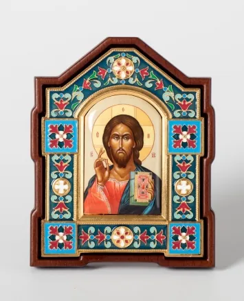 Икона именная №21 деколь, гальванопластика, эмаль в деревянной рамке / золочение / Спаситель