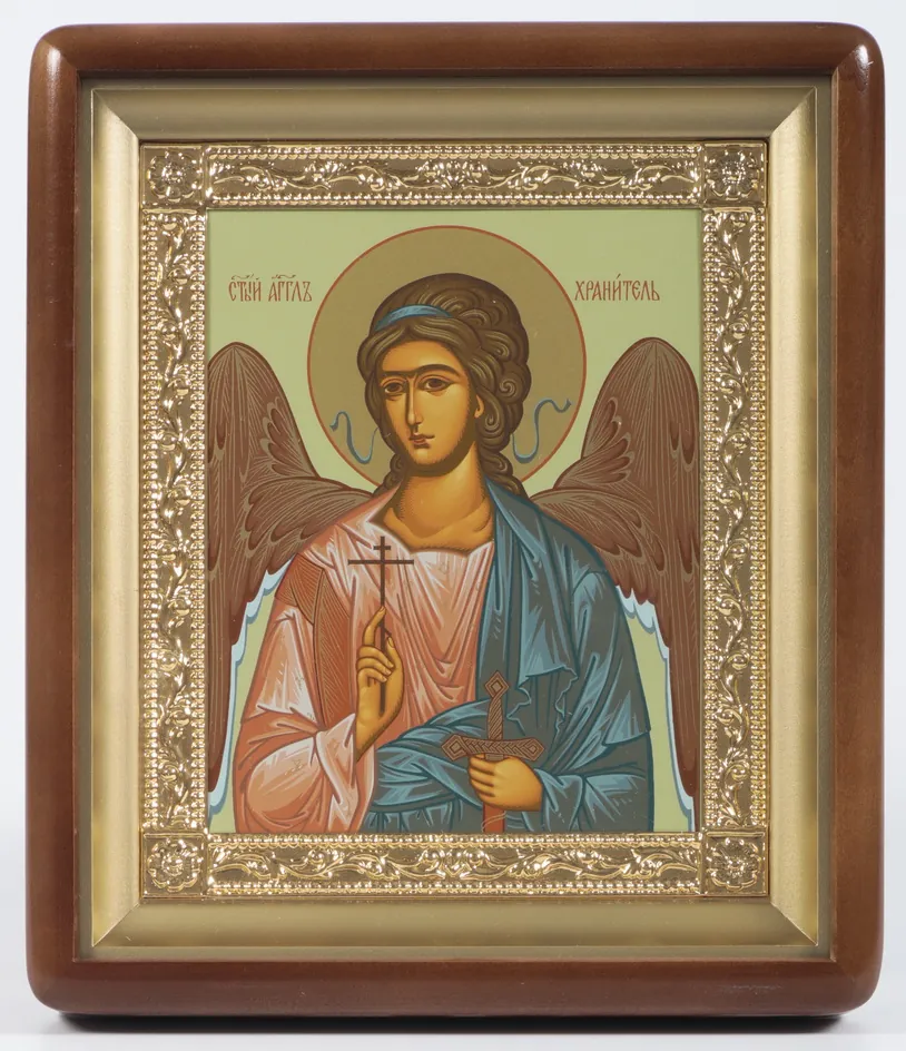 Icon in icon case 18×24 shaped, tempera, gilded frame Guardian Angel