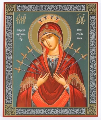Icon on wooden panel 11×13 double embossing Seven Arrows Mother of God 3
