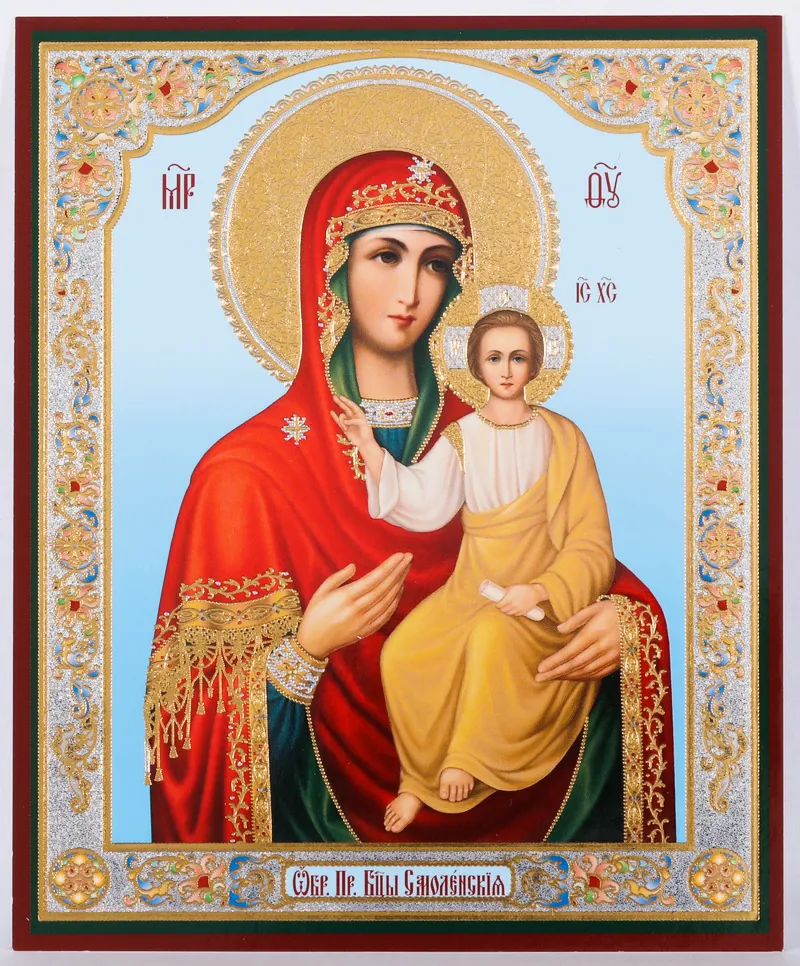 Icon on wooden panel 11×13 double embossing Smolensk Mother of God