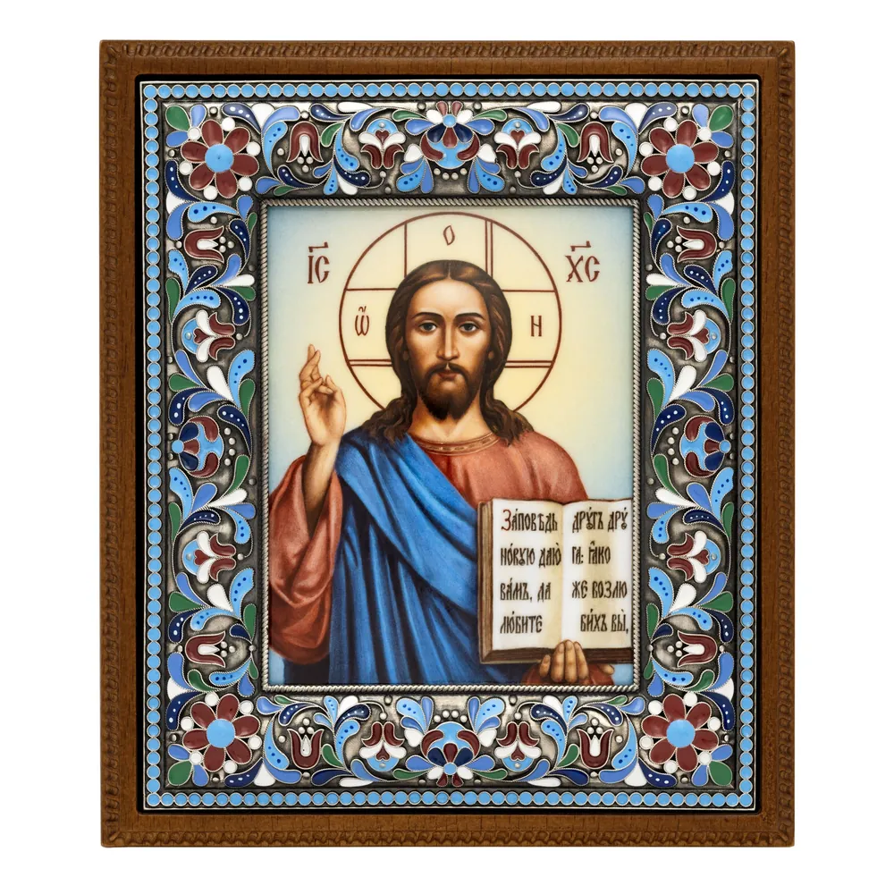 Table icon №154 electroforming on leg decal, enamel in wooden frame / silver plating / the Lord Almighty