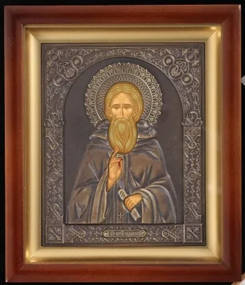 Icon in icon case 15×19 complex, tempera, patinated riza Sergius of Radonezh