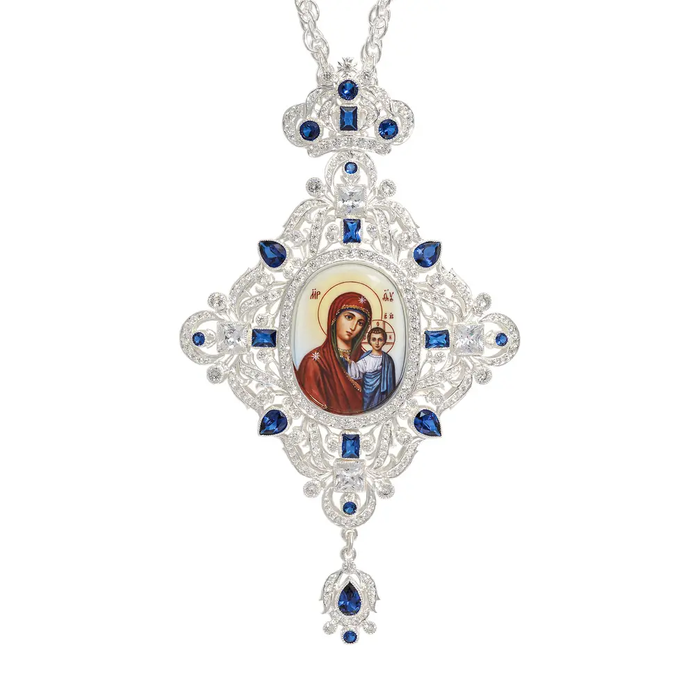 Panagia №213 / cubic zirconia decal / silver plating / Kazan Mother of God