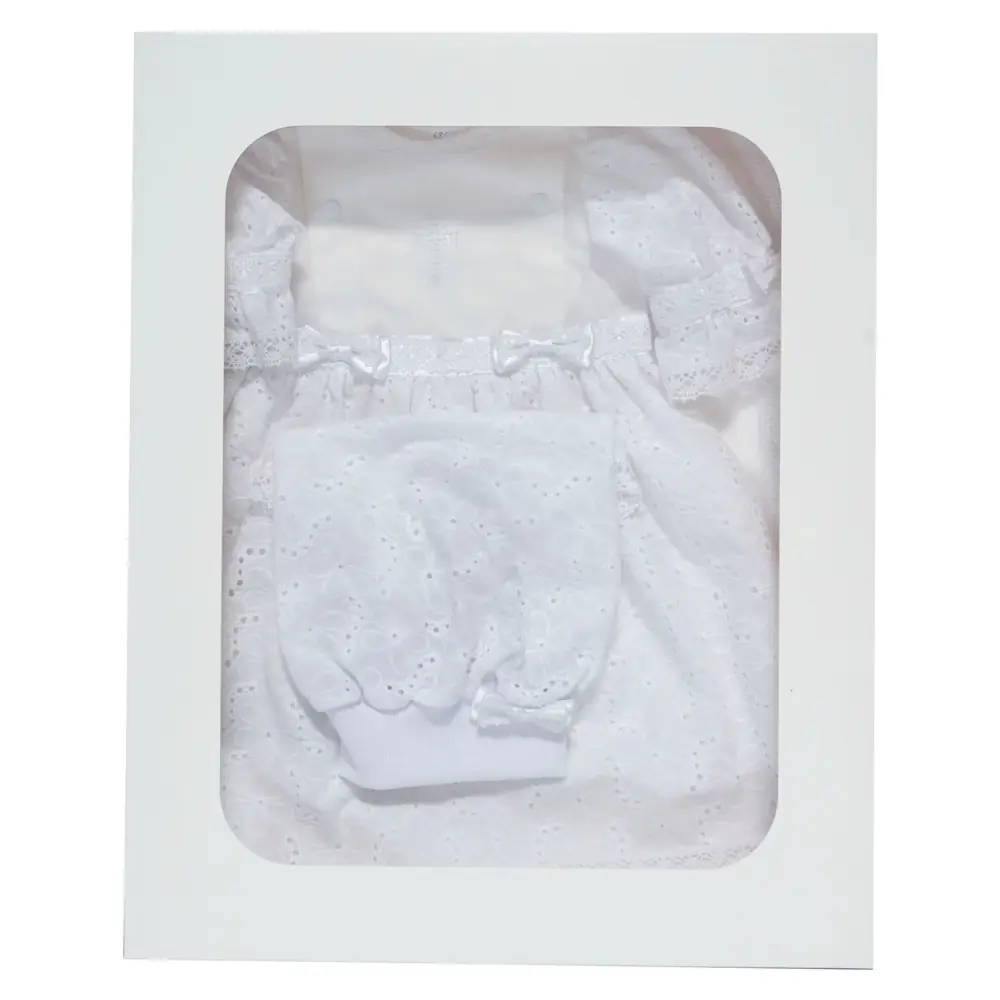 Baptismal set for a girl (dress, headscarf-cap, baptismal towel 1×0,8 m) in gift box
