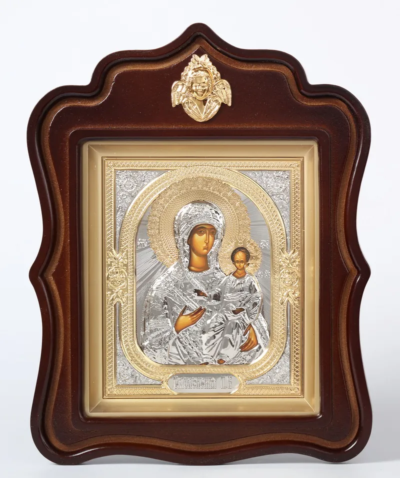ხატი კიოტში 18×24 ფიგურული თავსართით, ტემპერა, მოცულობითი მოჭედილობა, ნაწილობრივ მოოქროვილი სმოლენსკის ღვთისმშობელი