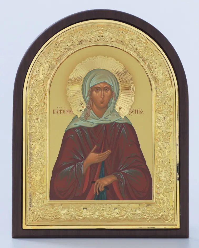 Icon in riza 18×24 arched, panel, frame, halo crown gilded, tempera, packaging Xenia of St Petersburg Blessed