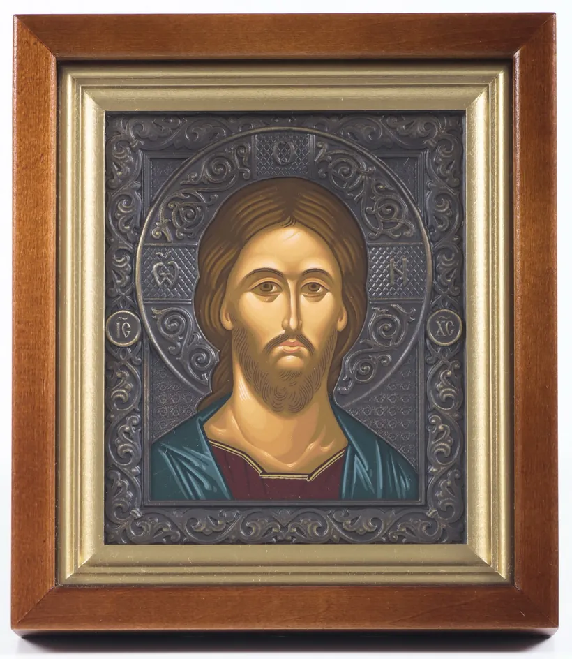 Icon in icon case 12×14 complex №2 tempera, patinated riza Saviour
