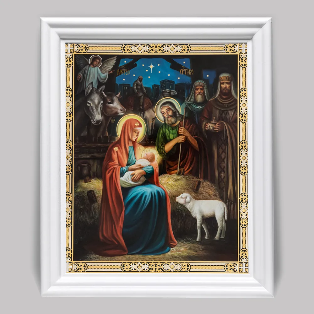 Icon in wooden frame №3 11×13 (white) double embossing Nativity of Christ 67