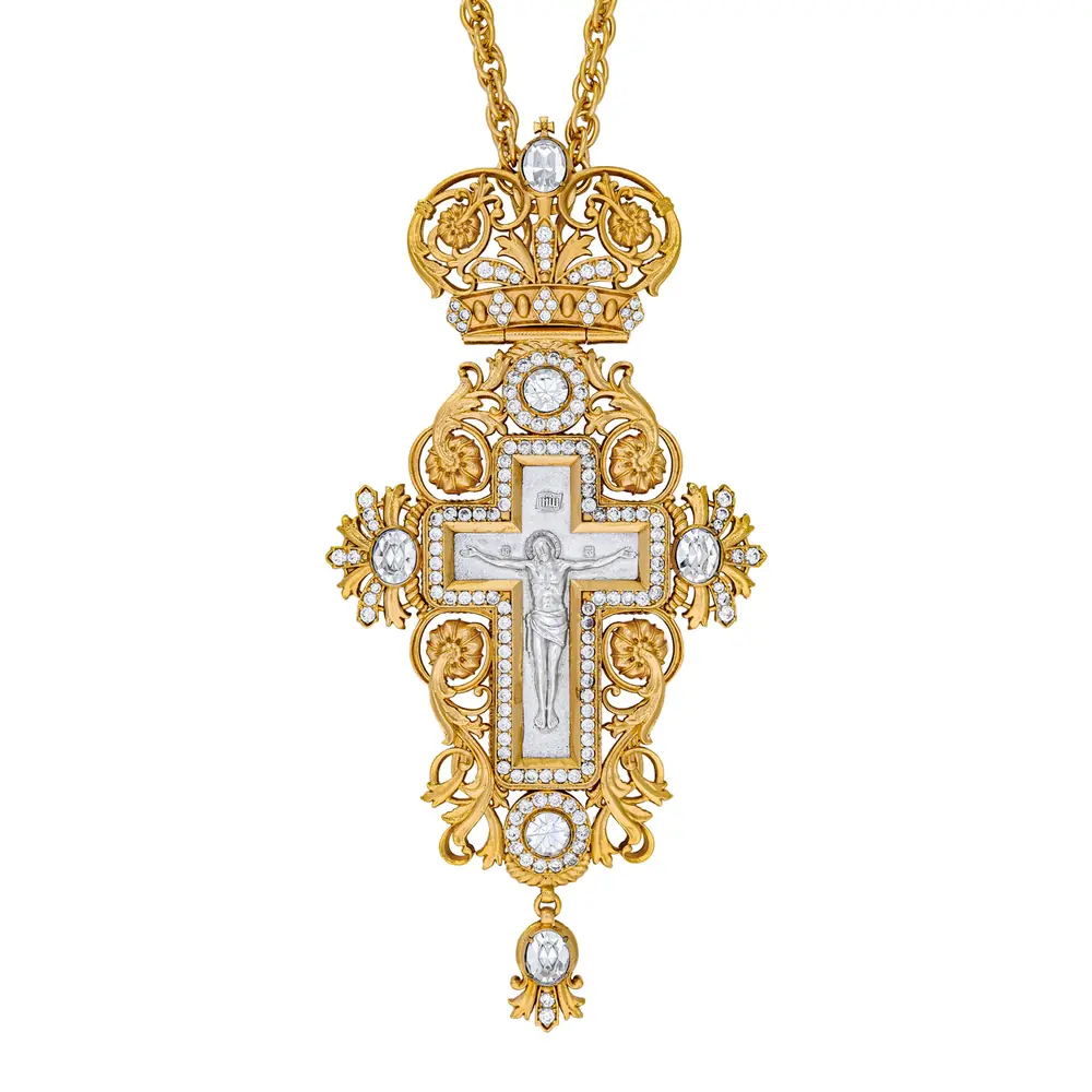 Bishop's cross №189 / cubic zirconia cast Crucifixion / gilding, silver plating