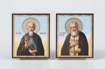 Icon in rigid lamination folding icon-double 7×12 double embossing Sergius of Radonezh and Seraphim of Sarov