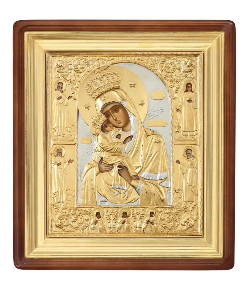 Painted icon in icon case 22×26 oil, riza cover №296, icon case №1 Pochaev Mother of God