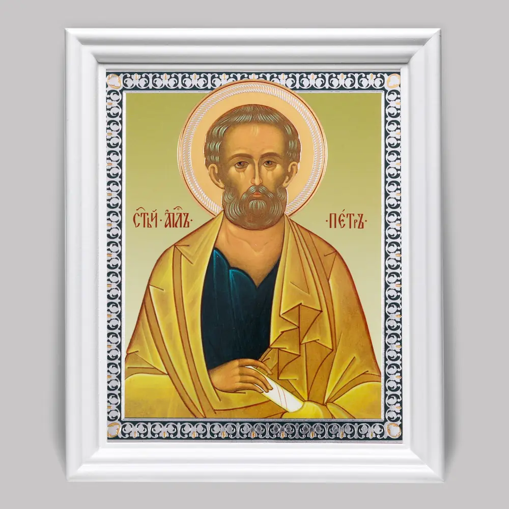 Икона в деревянной рамке №3 11х13 (белая) двойное тиснение Петр, апостол
