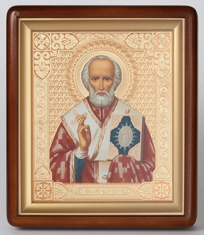 Icon in icon case 18×24 shaped, tempera №6 Nicholas the Wonderworker 1 (red background)
