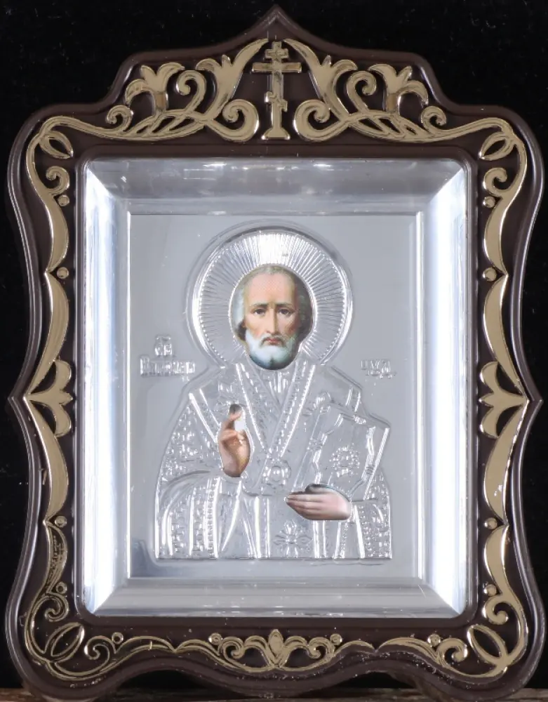 Icon in plastic frame icon case 6×7 carved metallised with riza Nicholas the Wonderworker