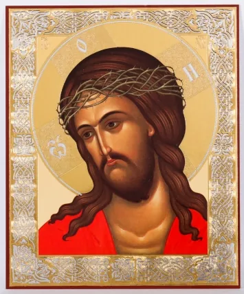 Icon on wooden panel 11×13 double embossing Saviour in of Thorns crown №2