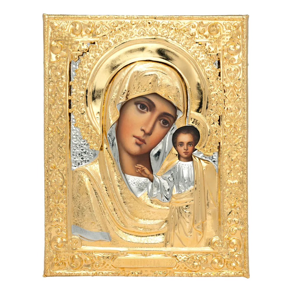 Painted icon of the Mother of God «Kazan» 18×24, oil, riza cover №10, gilding