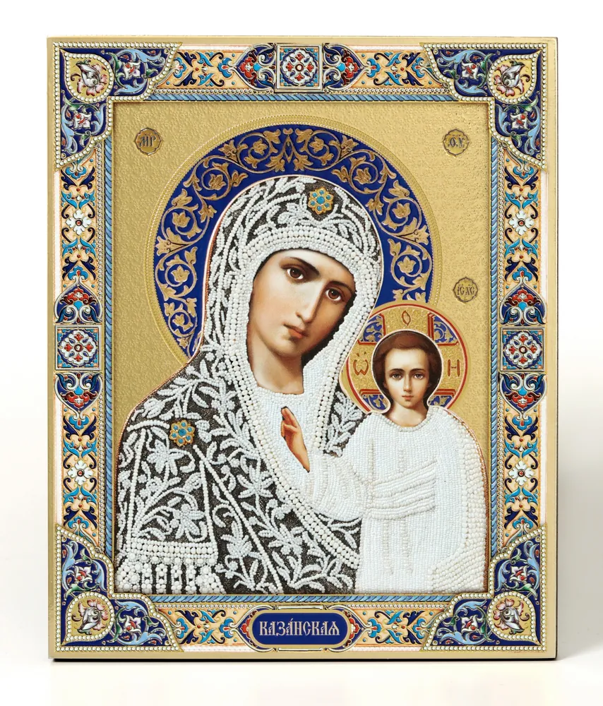 Icon on board 18×24 gilded finish, 3D print, varnish Kazan Mother of God 5 (pearls)