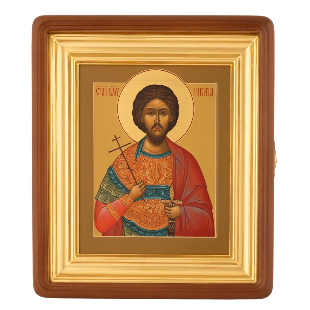 Painted icon on board in icon case 18×24 tempera, gilded halo, recessed field, icon case №1 Nicetas, 00807
