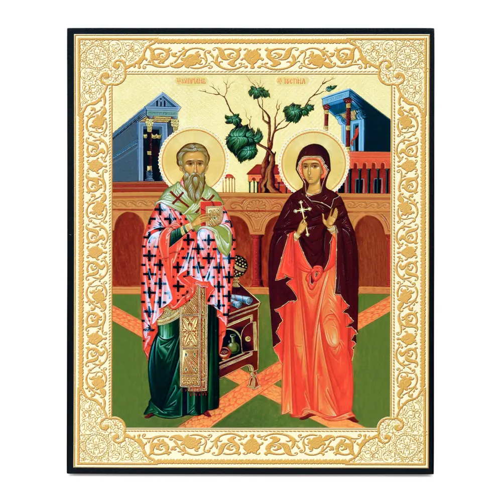 Icon on board 33×40 3D print, varnish Cyprian and Justina