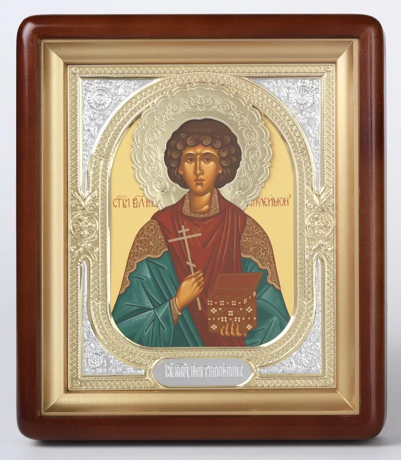 ხატი კიოტში 18×24 ფიგურული, ტემპერა, გვირგვინი, მოჭედილობა-ჩარჩო №1 პანტელეიმონი