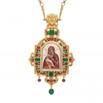 Panagia №1415 / cubic zirconia / gilding / silver enamel miniature, enamel Vladimir Mother of God