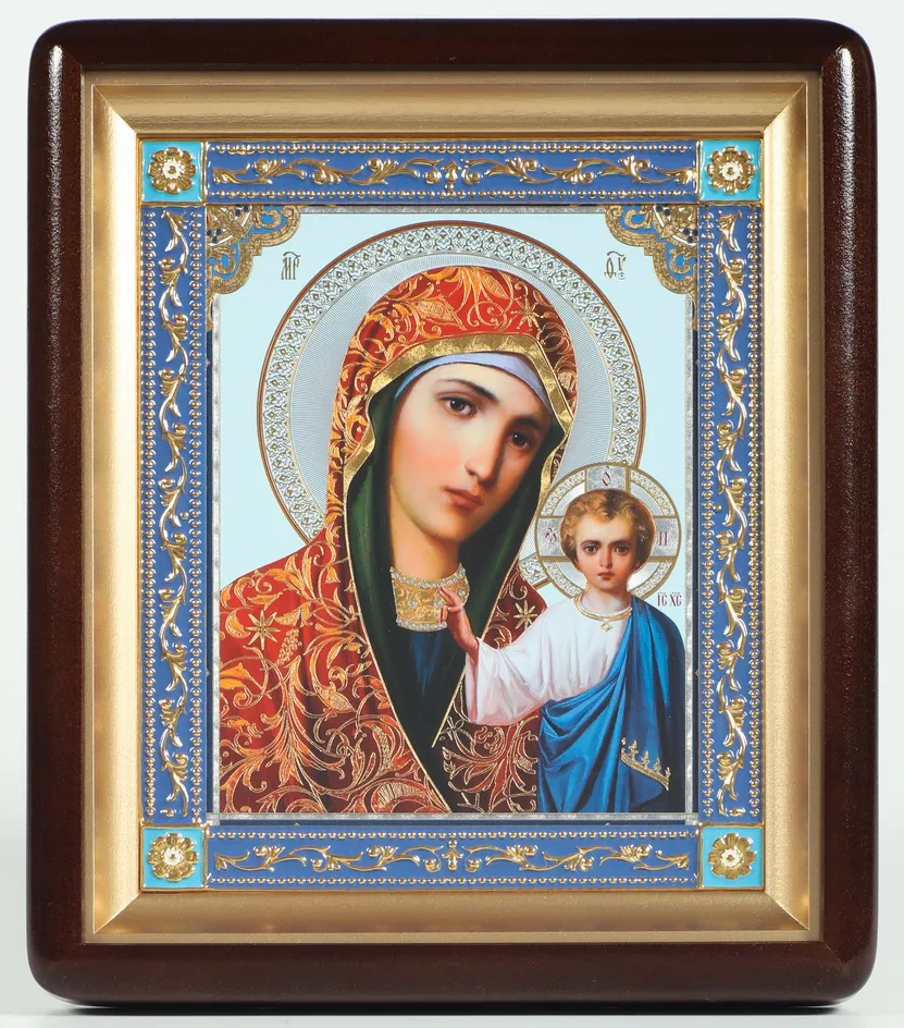 Icon in icon case 18×24 shaped, double embossing, gilded frame, enamel Kazan Mother of God 22