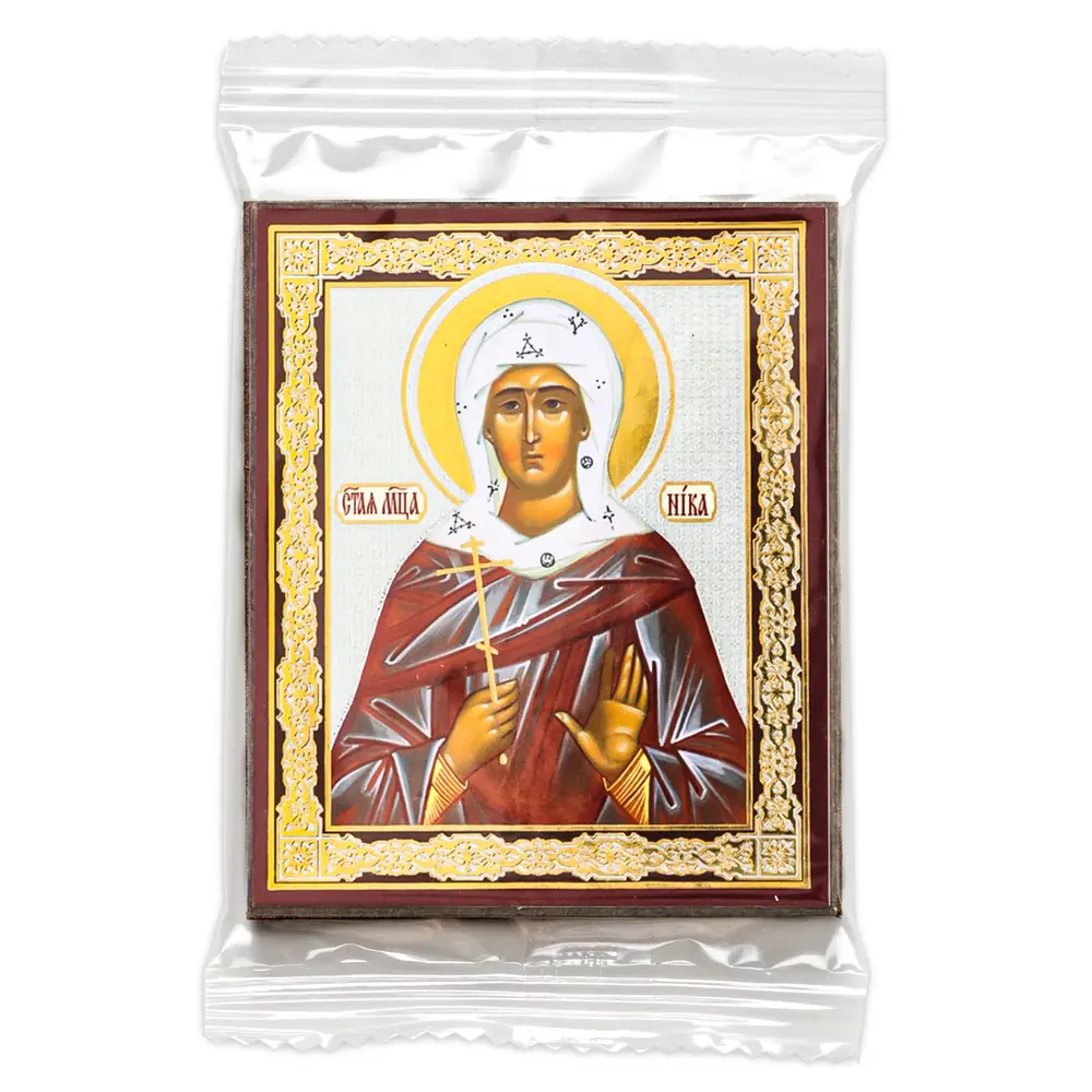Icon on wooden panel 6×9 double embossing, annotation, packaging Victoria (Nike)