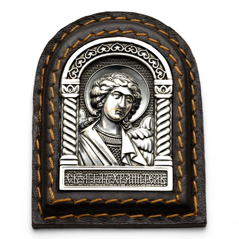 Icon in metal frame car on adhesive tape electroforming leather silver plating niello Guardian Angel