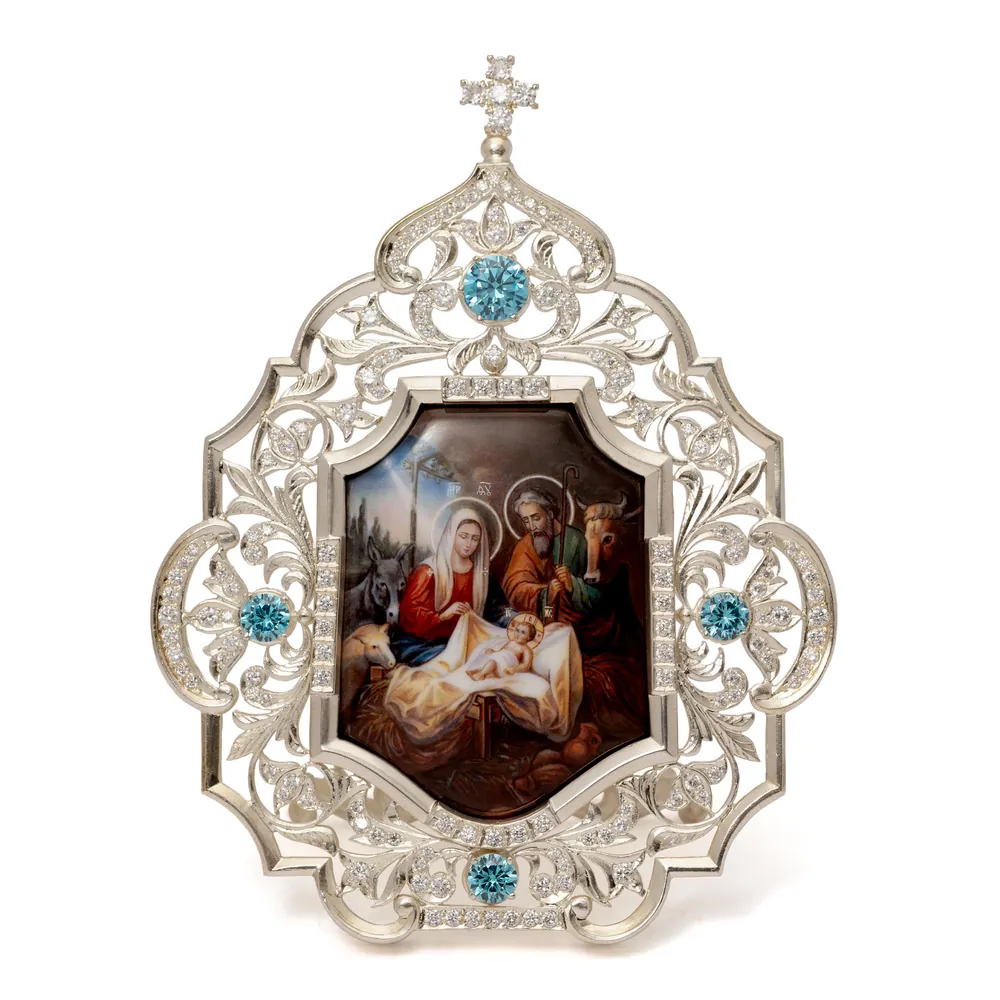 Table icon №152 / cubic zirconia decal / silver plating / Nativity of Christ