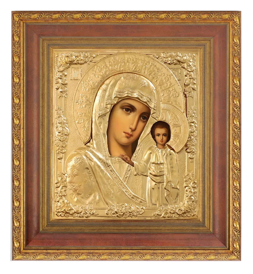 ფერწერული ხატი კიოტში 24×30 ზეთი, მოჭედილობა №17, მქრქალი პრიალა მოოქროვება, კიოტი №22 ყაზანის ღვთისმშობელი