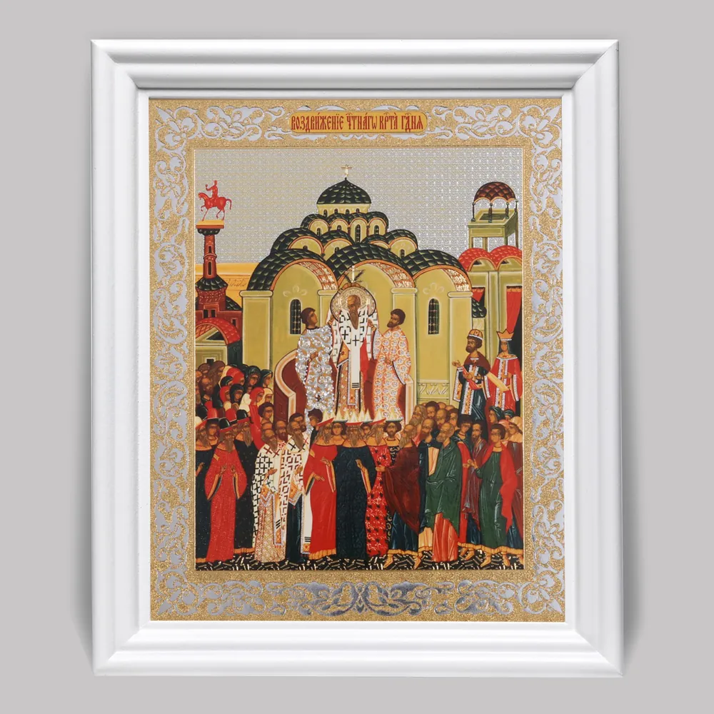 Icon in wooden frame №3 11×13 (white) double embossing Exaltation of the Cross