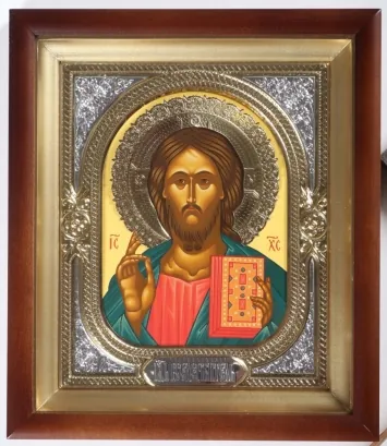Icon in icon case 18×24 complex, tempera, halo crown, riza frame №1 Saviour