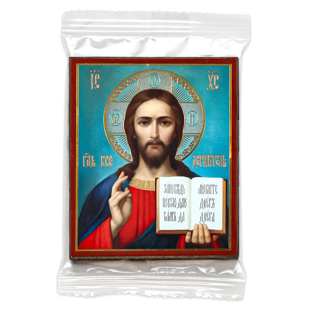 Icon on wooden panel 6×9 double embossing, annotation, packaging Saviour 34