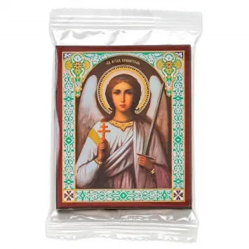 Icon on wooden panel 6×9 double embossing, annotation, packaging Guardian Angel (half-length) №4