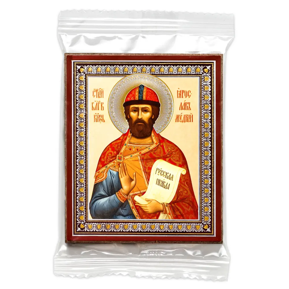 Icon on wooden panel 6×9 double embossing, annotation, packaging Yaroslav the Wise (2)