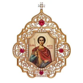 Table icon №152 / cubic zirconia silver decal / gilding / Dmitry of Thessalonica