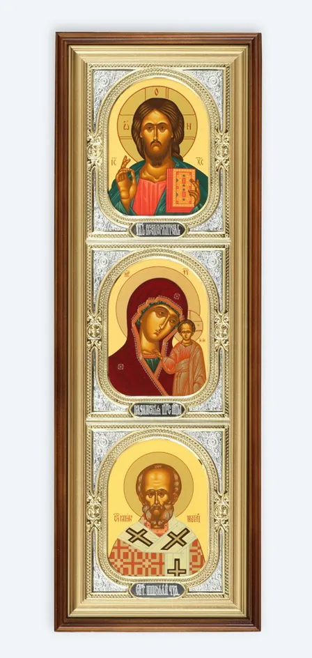 Icon in icon case 20×70 complex, tempera, riza frame №1 Saviour-Kazan Mother of God-Nicholas the Wonderworker