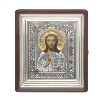 Painted icon in icon case 18×24 oil, riza cover №242, niello silver plating, icon case №1 Saviour