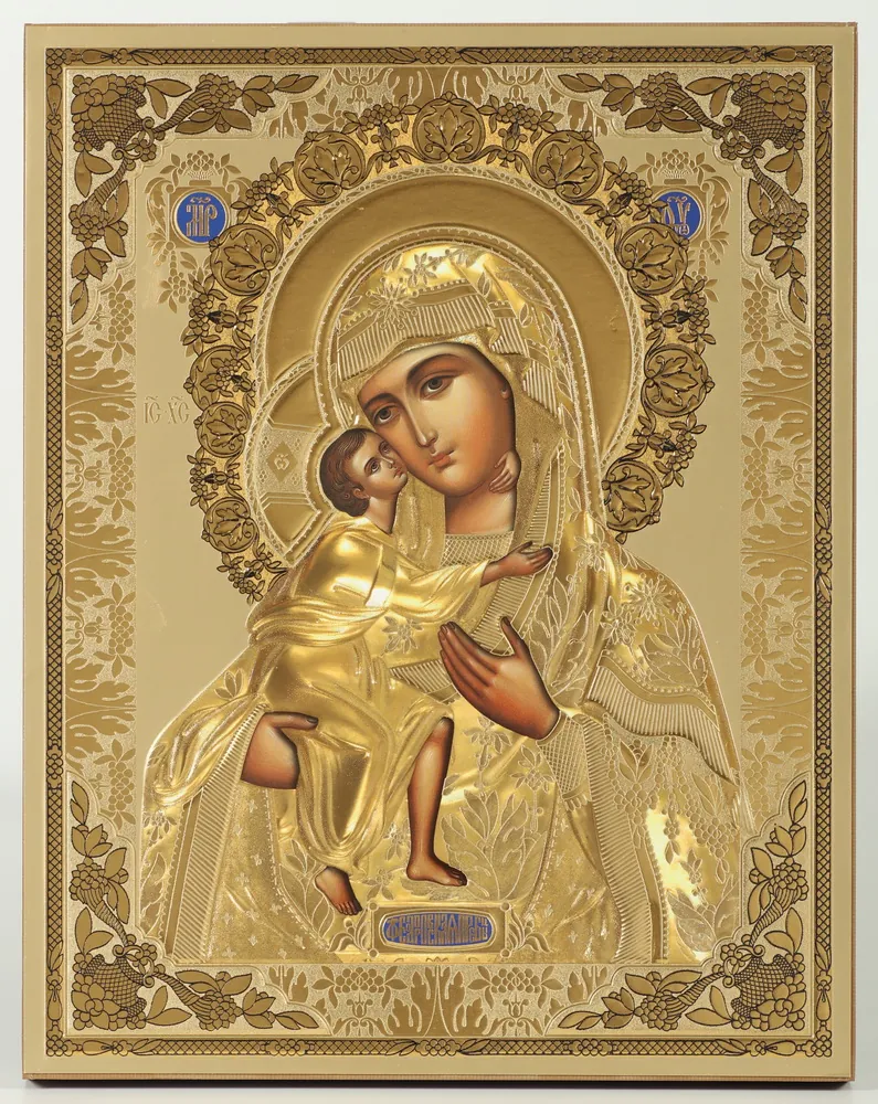 Icon on wooden panel 21×32 chipboard blind embossing, packaging Feodorovskaya Mother of God 2