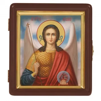 Painted icon on board in icon case 13×15 oil, gilded halo, icon case №1 Archangel Michael, 05568