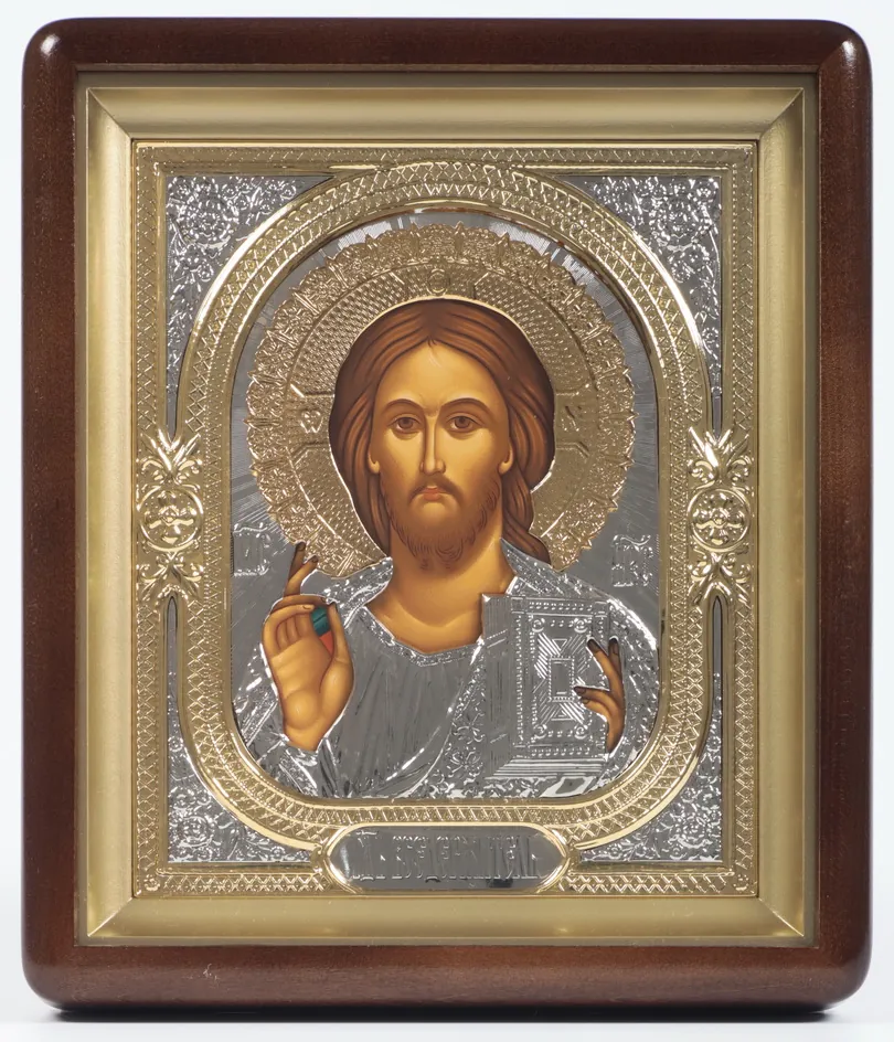 Icon in icon case 18×24 shaped, tempera, 3D riza, nickel, gilding Saviour