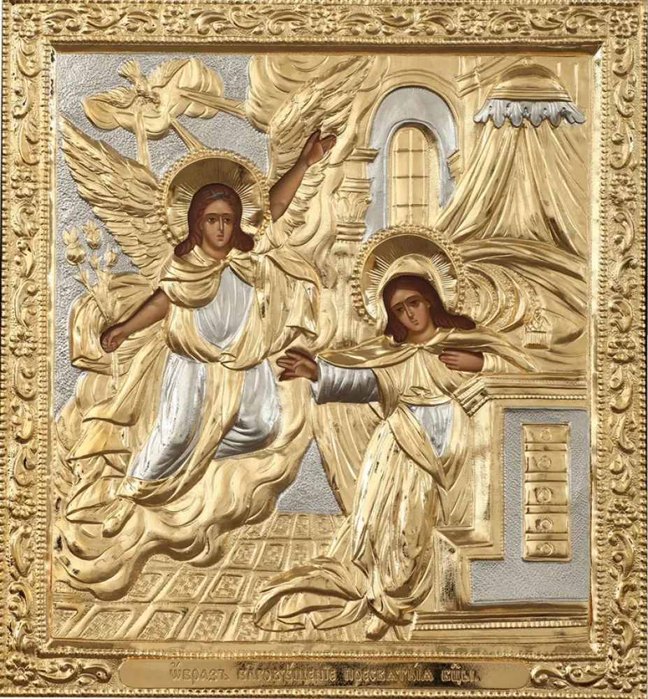 Painted icon Annunciation of the Most Holy Theotokos 30×40, oil, riza cover №223, gilding