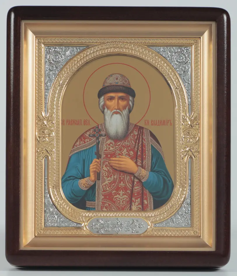 ხატი კიოტში 18×24 ფიგურული, ტემპერა, მოცულობითი მოჭედილობა-ჩარჩო, ღია, მოოქროვილი, მონიკელება ვლადიმერ მოციქულთასწორი მთავარი კიეველი 1