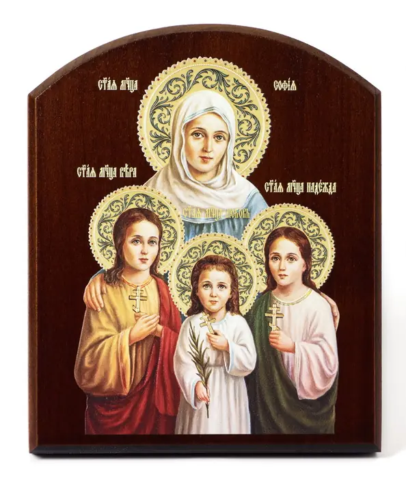 Icon on board 10×12 3D print, arched, varnish Faith, Hope, Love and their Mother Sophia