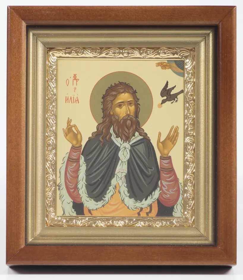 Icon in icon case 11×13 complex, tempera, gilded frame Elijah the Prophet