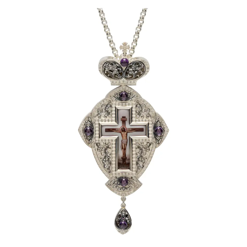 Bishop's cross №1286 / cubic zirconia guilloché, decal / silver plating