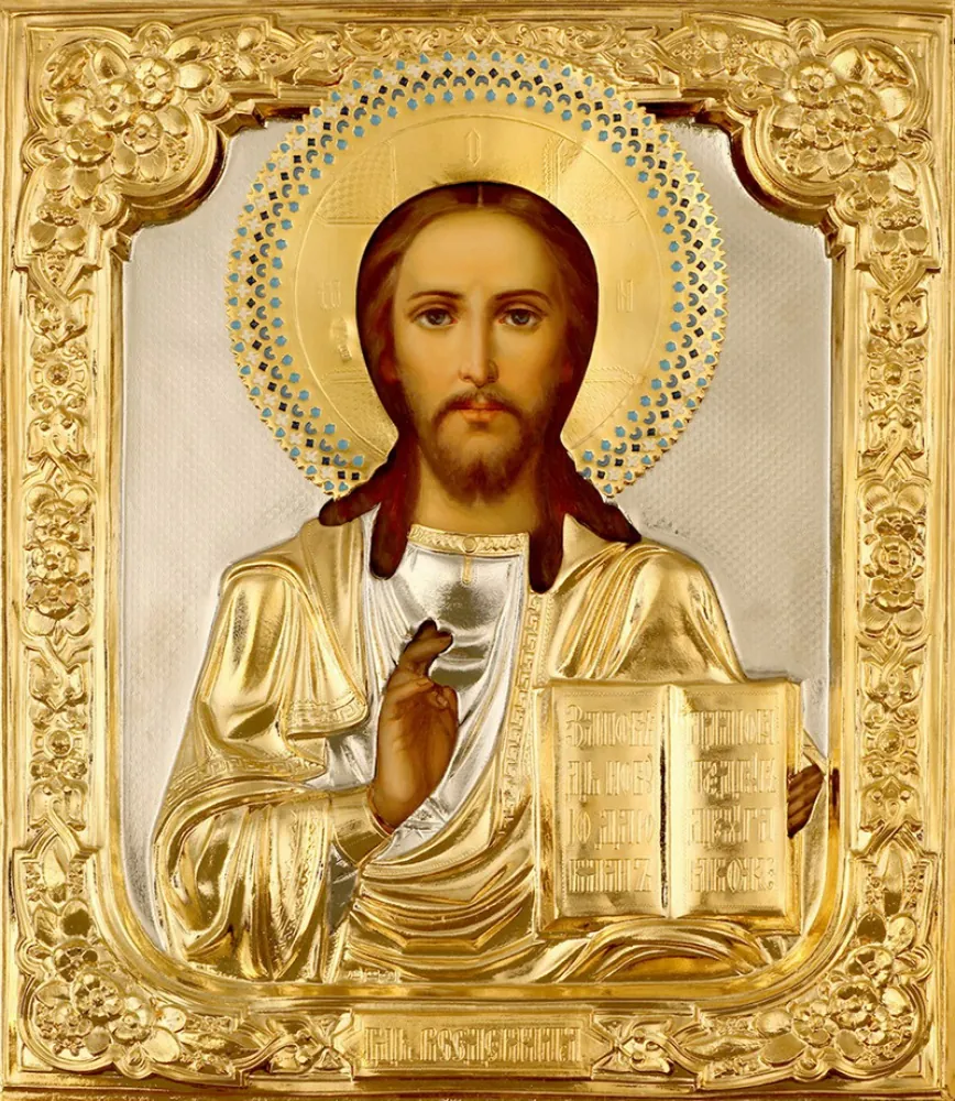Painted icon of the Saviour 24×30, oil, riza cover №20, enamel, gilding
