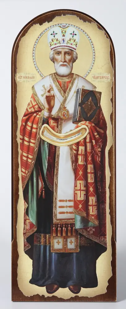 Icon on MDF 18×50 arched, 3D print, varnish Nicholas the Wonderworker full-length (recessed field)